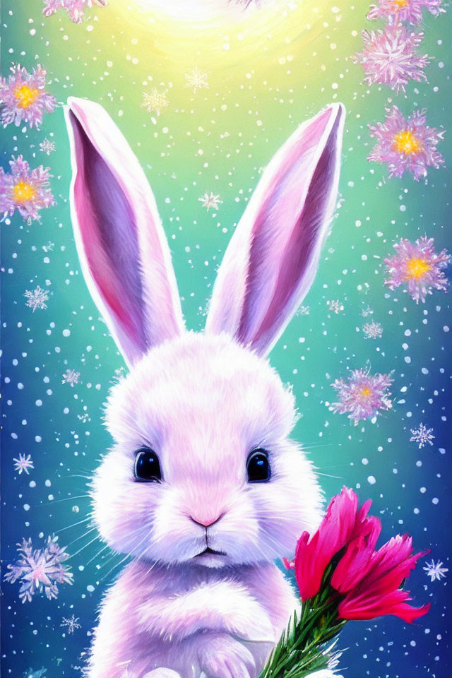 Fluffy white rabbit with pink flower in whimsical starry snowflake background