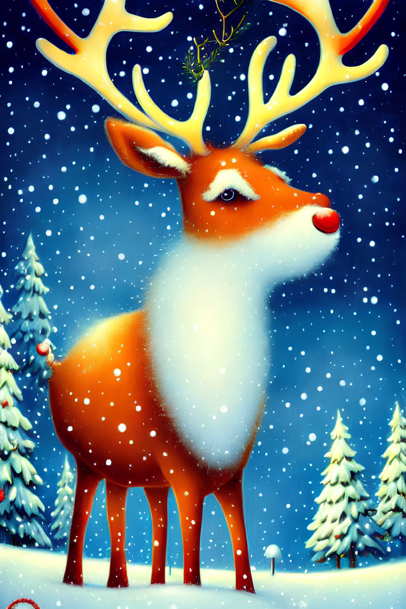 Vibrant reindeer illustration in snowy landscape with glowing antlers