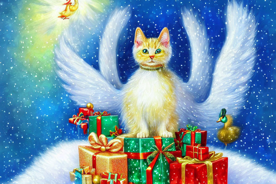 Whimsical angelic cat with white wings on Christmas presents in snowy scene