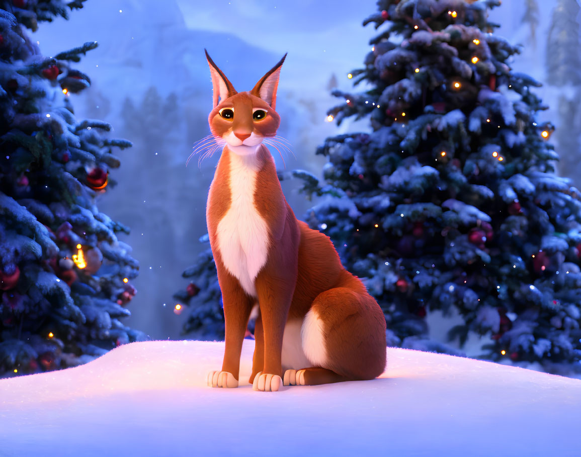 Stylized animated cat in snowy winter setting with pine trees