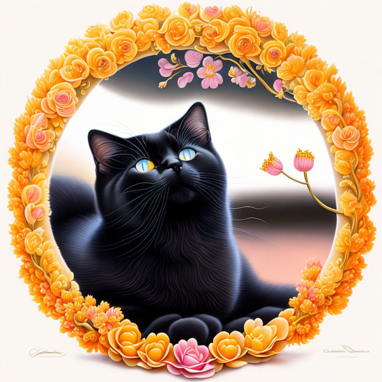 Black Cat with Yellow Eyes in Ornate Flower Frame