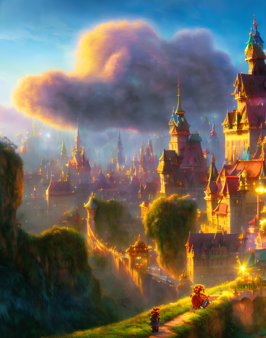Fantasy city at twilight with glowing towers and figures on cliff