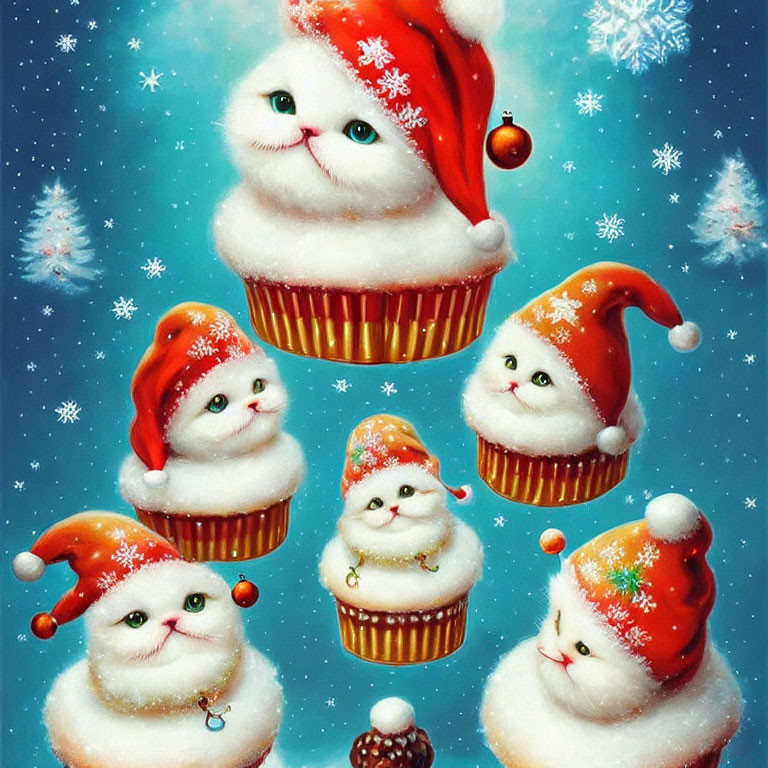 Five fluffy cats in Santa hats in snowy scene