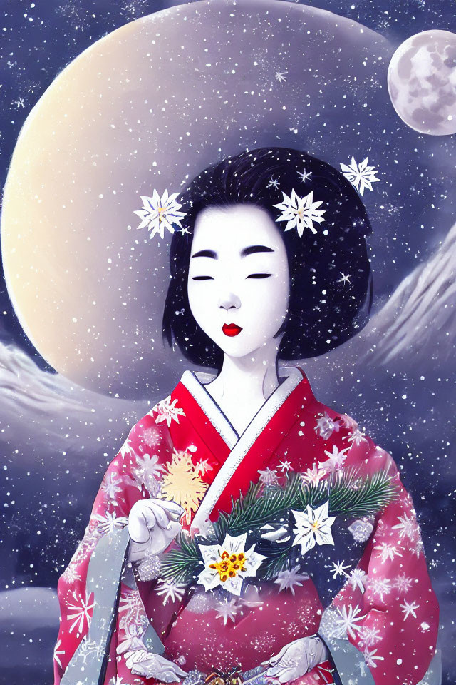 Woman in Red Kimono with Floral Patterns Holding Branch Under Two Moons