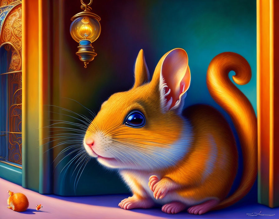 Anthropomorphic mouse with squirrel tail near door and lantern