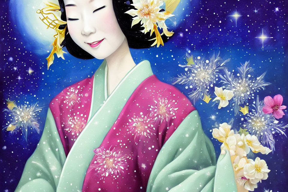 Illustrated woman in cherry blossom kimono under starry night sky