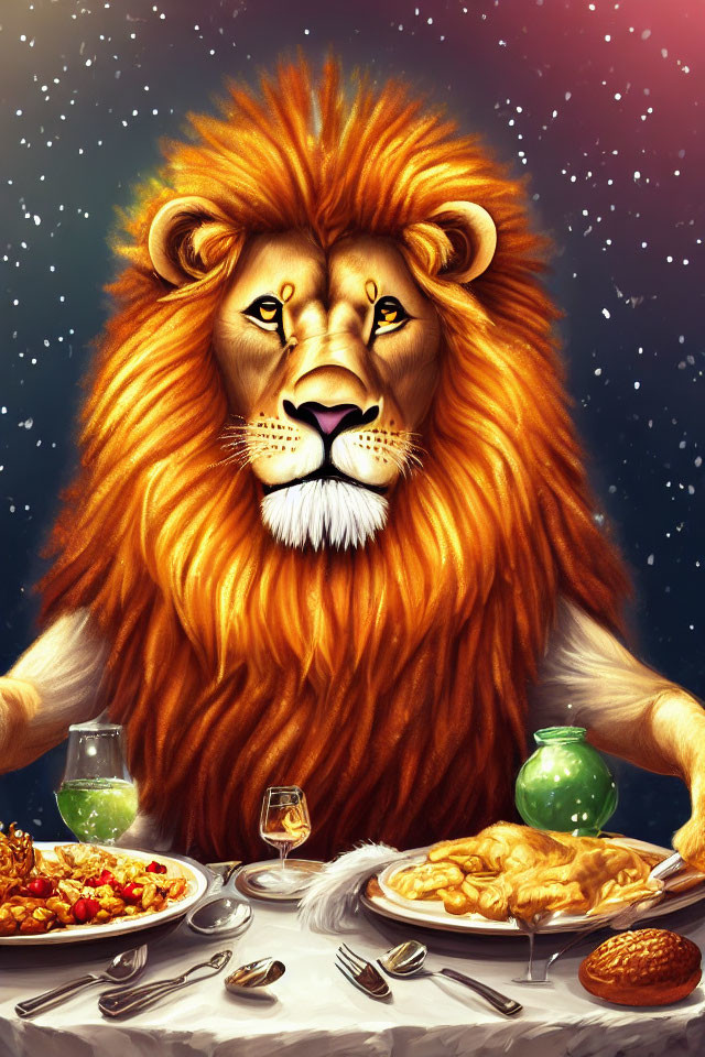 Illustration of majestic lion at dinner table under starry night sky