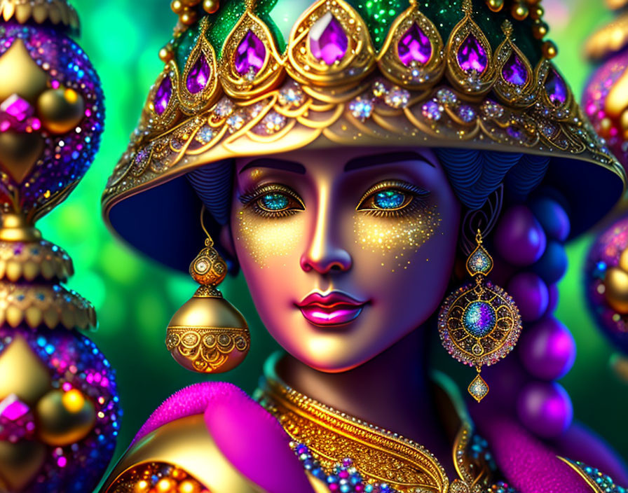 Colorful illustration of a woman in traditional attire with gold jewelry on ornate background