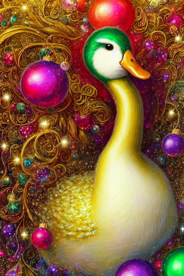 Vibrant Duck Illustration with Golden Swirls and Christmas Baubles