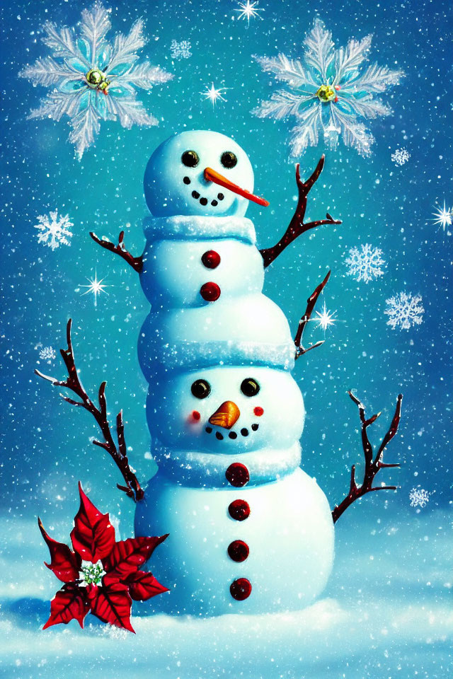 Cheerful snowman with carrot nose and poinsettia flowers in falling snow