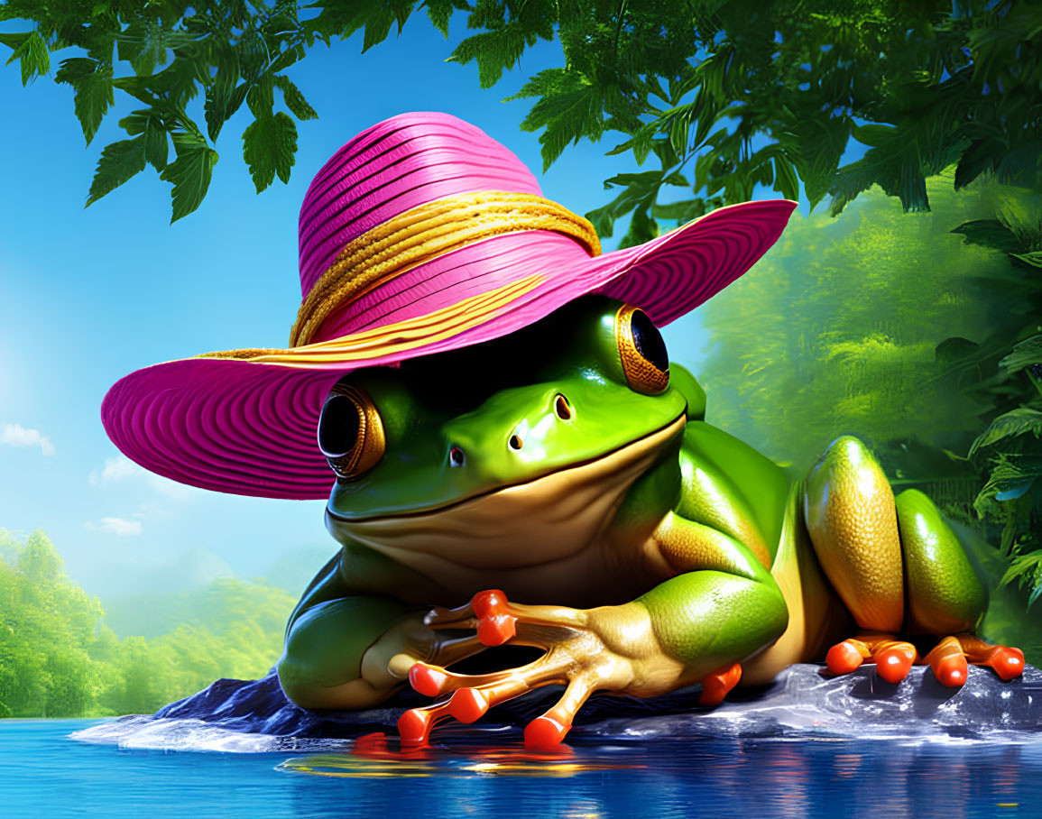 Stylized 3D illustration: Green frog with pink sunhat lounging by river