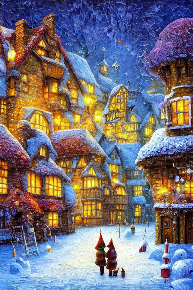 Snow-covered village painting with Tudor-style houses and figures in snowy square at twilight
