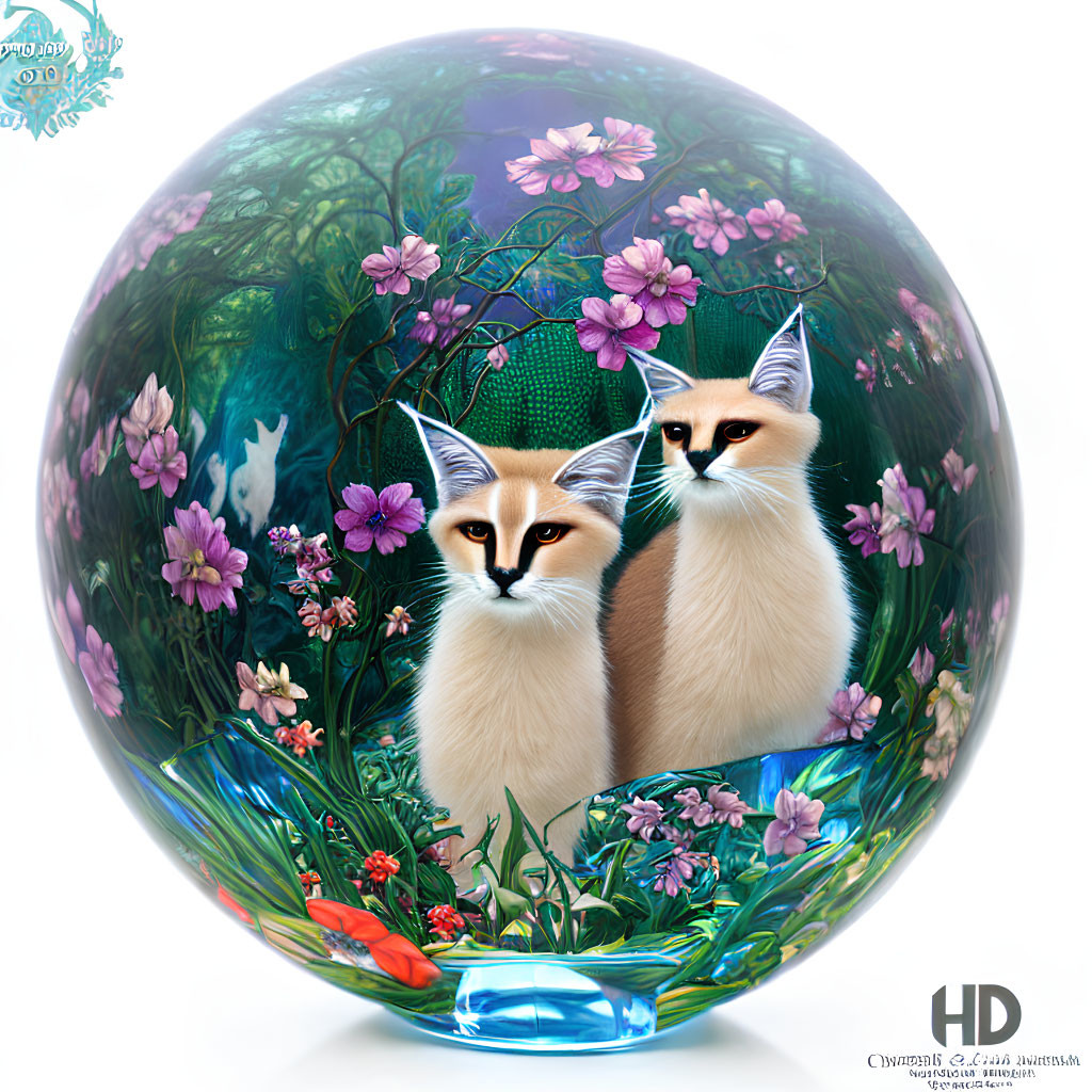 Nature-inspired digital artwork: Two fox-like creatures in a floral bubble