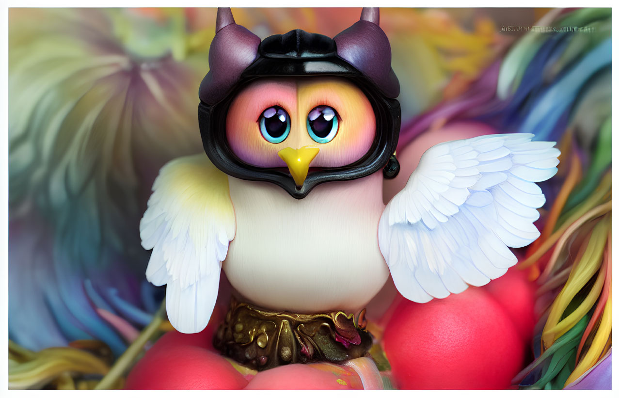 Colorful Owl Figurine with Multicolored Eyes and Black Helmet on Soft Hues Backdrop