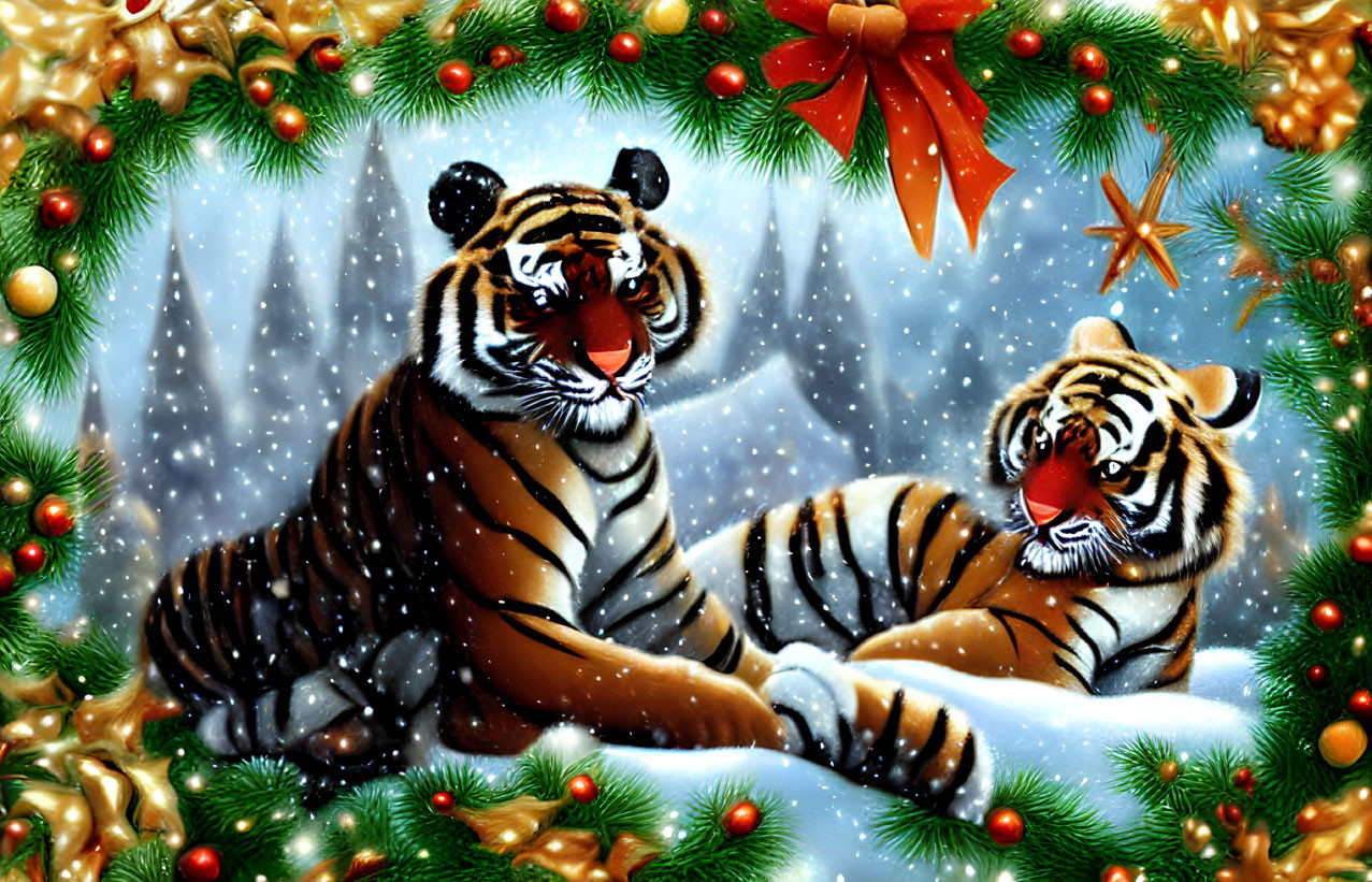Illustrated tigers in snowflake scene with Christmas decorations.