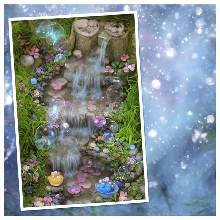 Miniature fairy-tale garden with waterfall, flowers, pebbles, and bubbles in soft bo