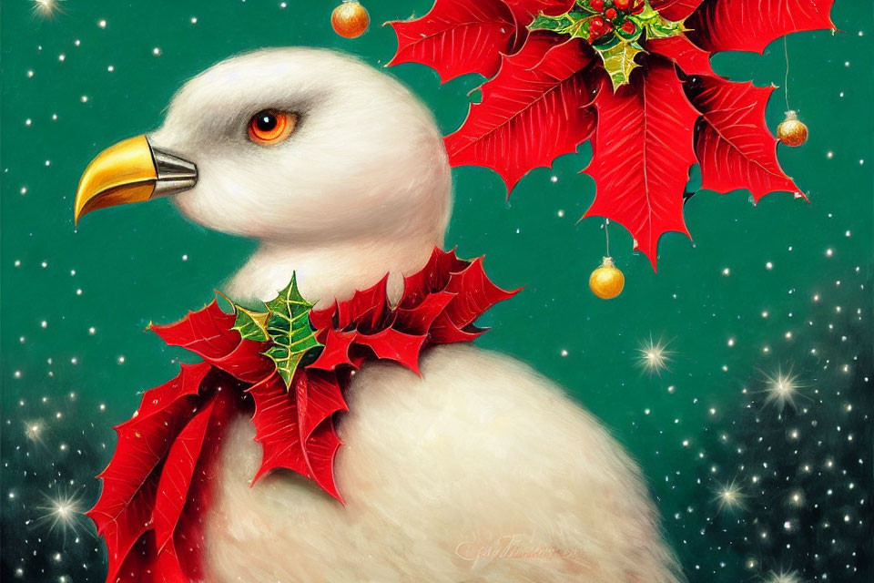 Whimsical eagle with festive poinsettia collar on starry green background