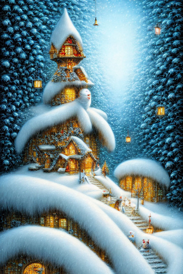 Snow-covered cottage nestled among pine trees in enchanting winter scene