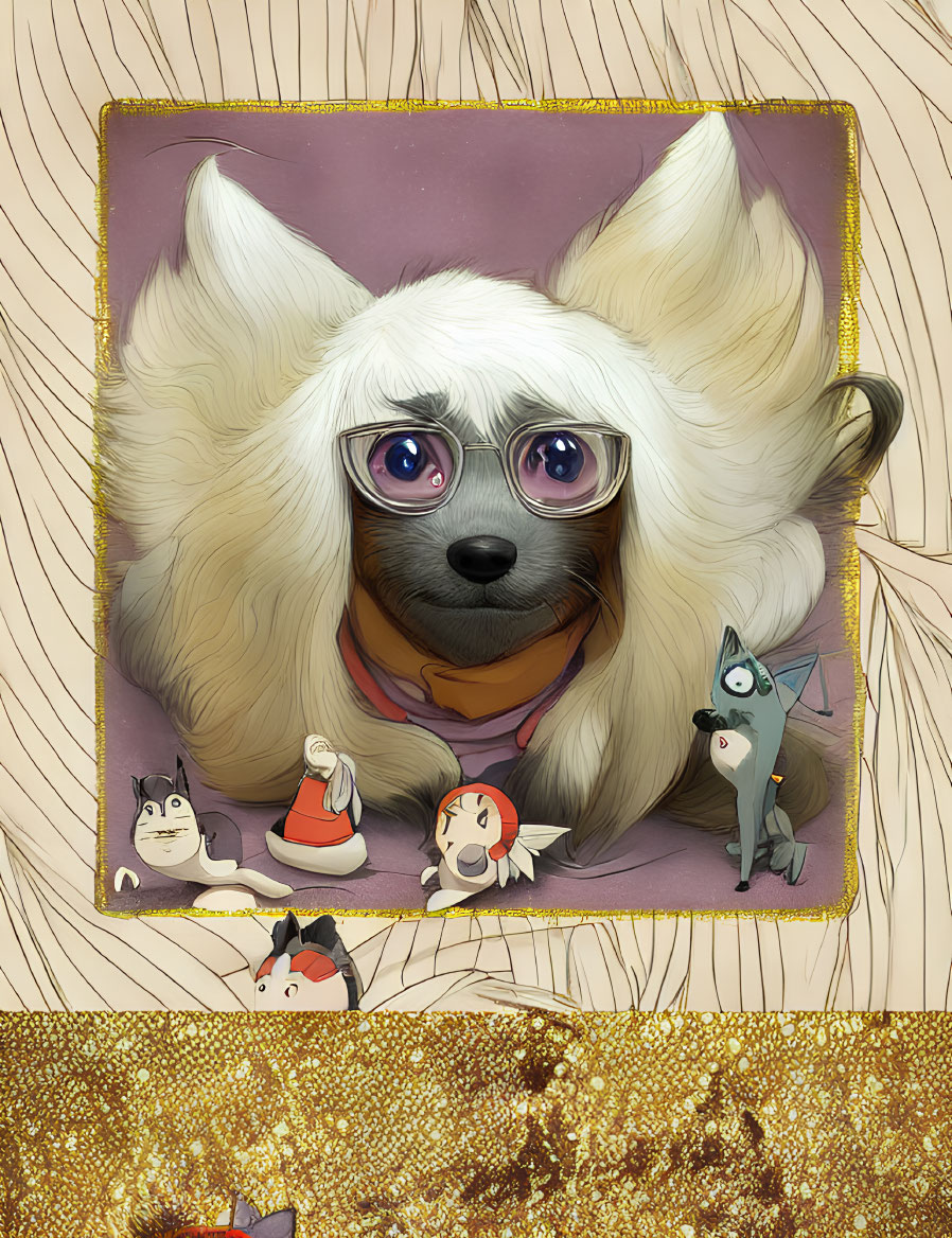 Fluffy white dog with glasses among mini animals on golden background