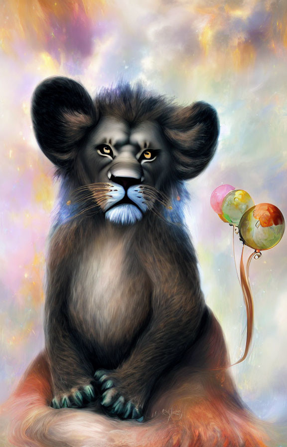 Whimsical anthropomorphic lion with colorful balloons in pastel sky