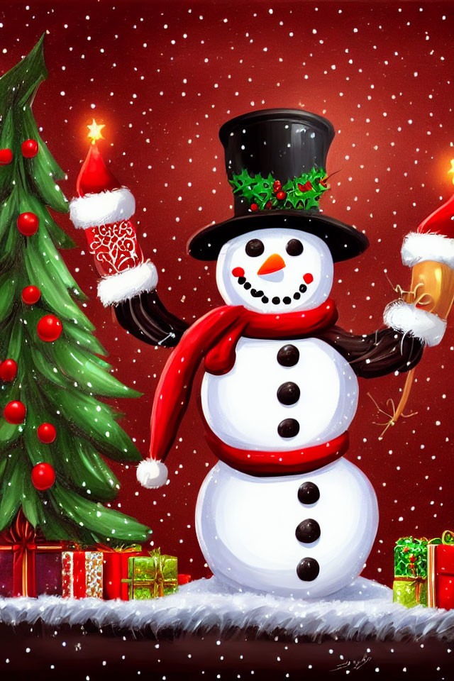 Festive snowman with top hat and red scarf by Christmas tree in snowy scene