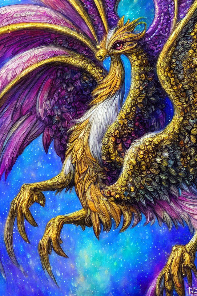 Majestic mythical creature with golden scales and purple wings