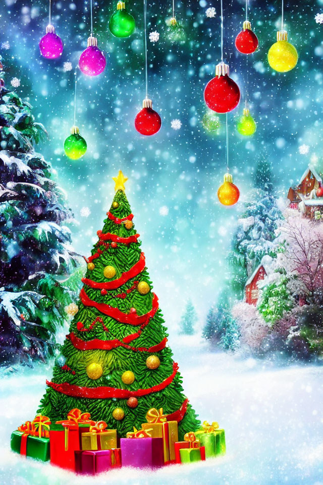 Vibrant Christmas tree with ornaments, lights, gifts, baubles, and snowy backdrop.