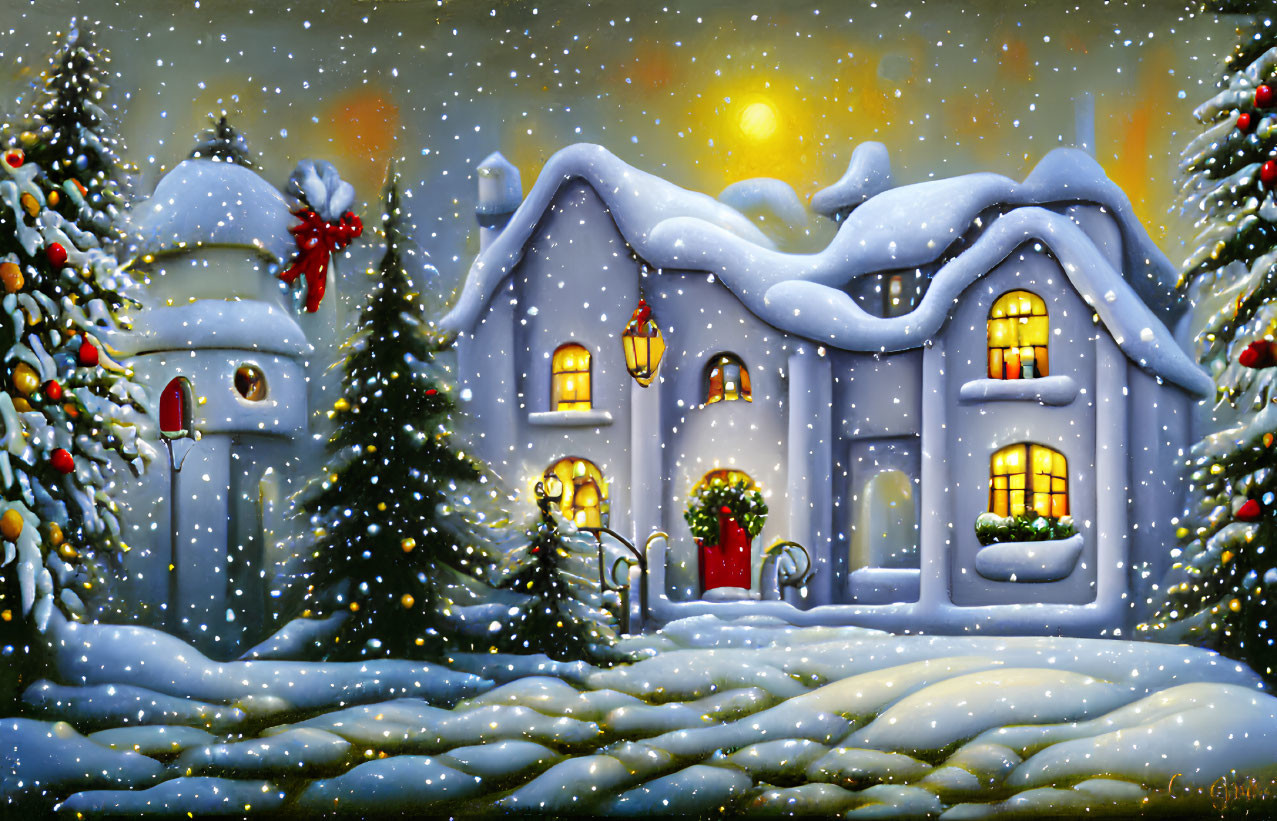 Snow-covered houses, decorated trees, moonlit sky in charming winter scene