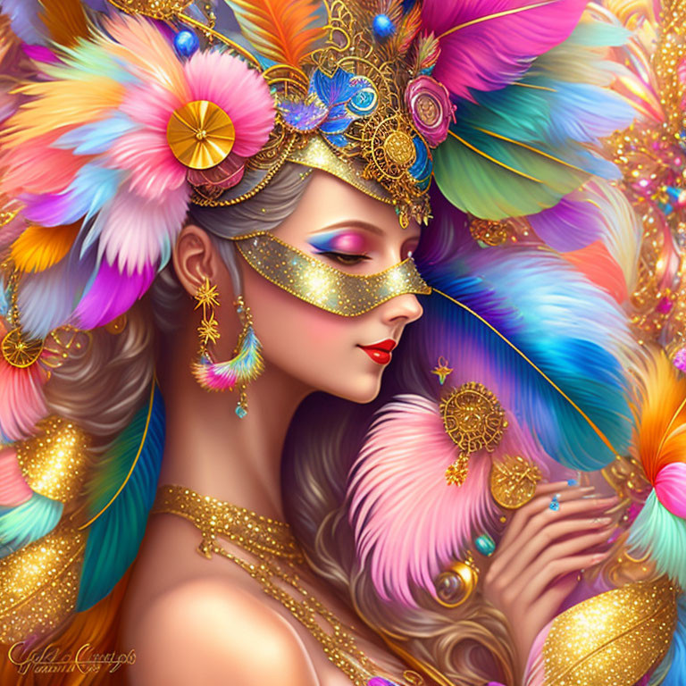 Vibrant woman illustration with masquerade mask and colorful feathers