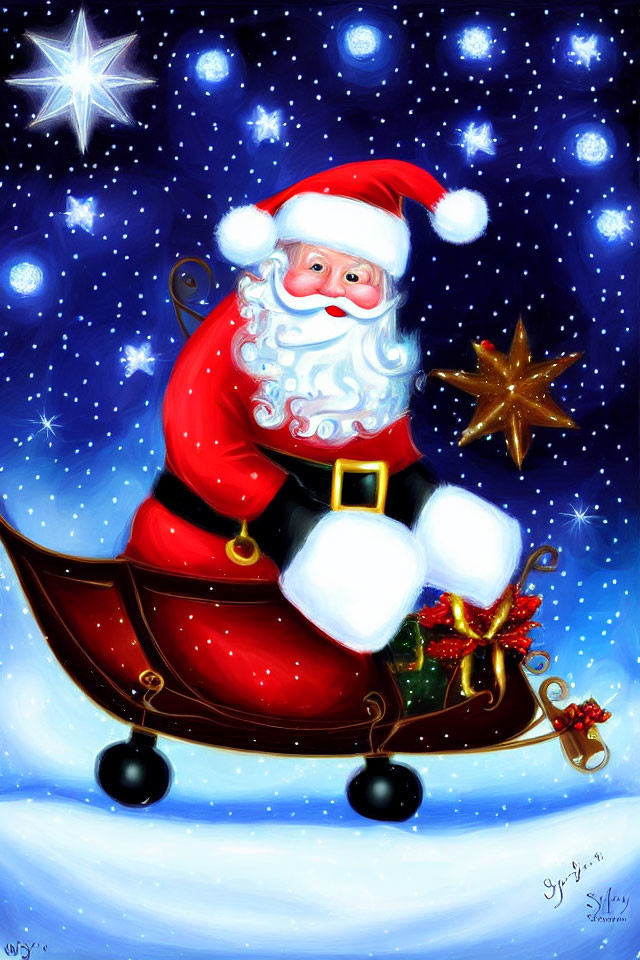 Santa Claus in sleigh on starry night with gifts and waving smile