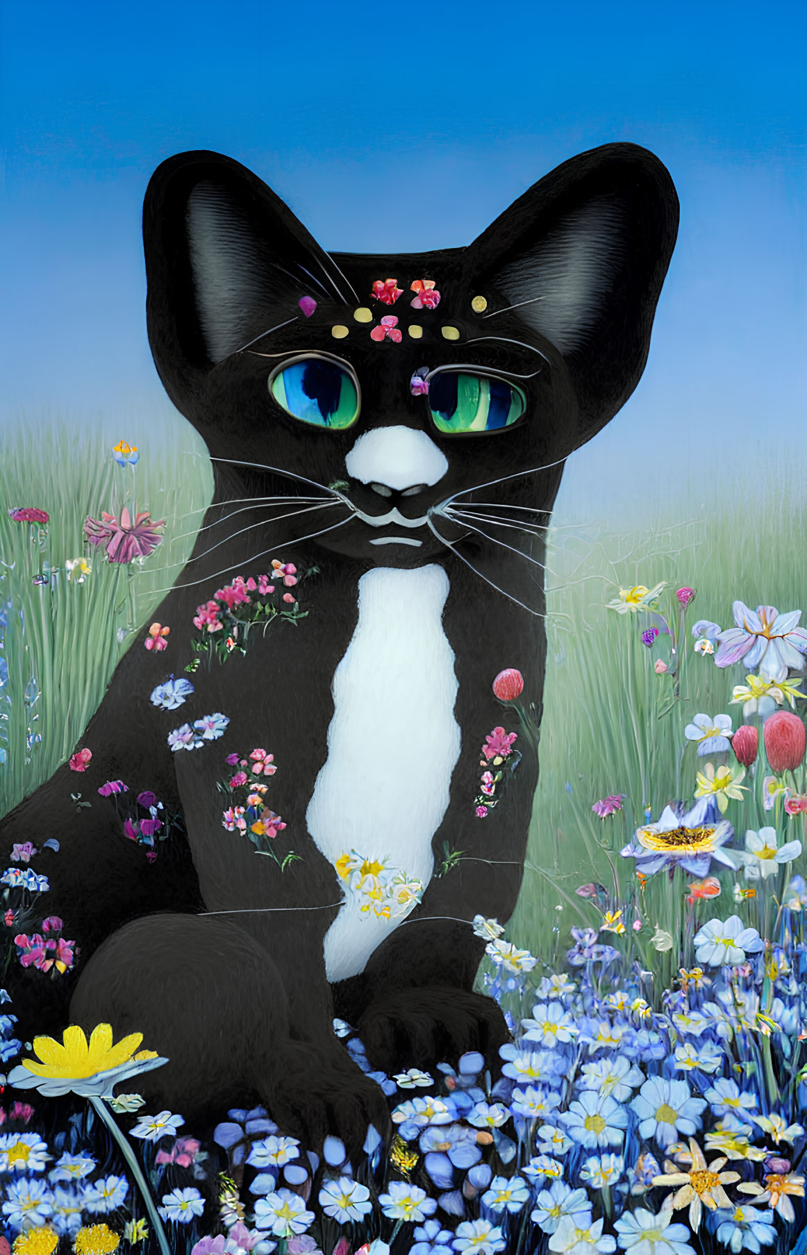 Colorful Painting of Black Cat Among Vibrant Flowers