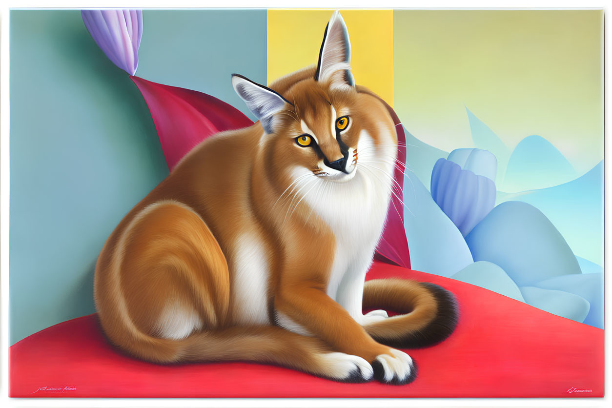 Large Orange and White Cat Painting on Red Surface with Colorful Abstract Background