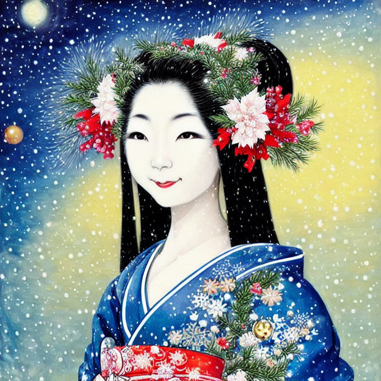 Traditional Japanese woman in blue kimono with floral hairstyle in snowy scene