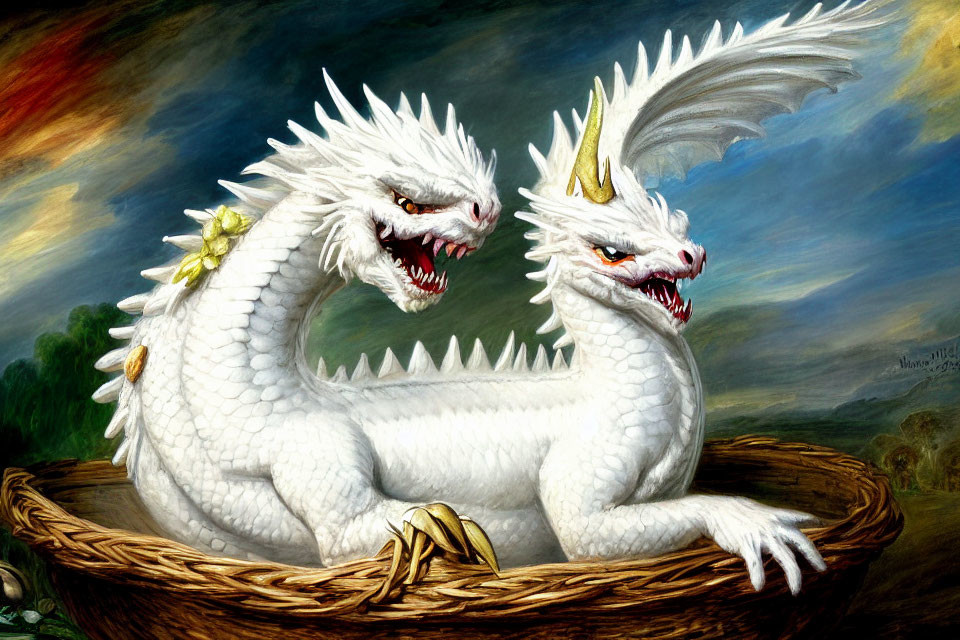 White Two-Headed Dragon in Nest Against Stormy Sky