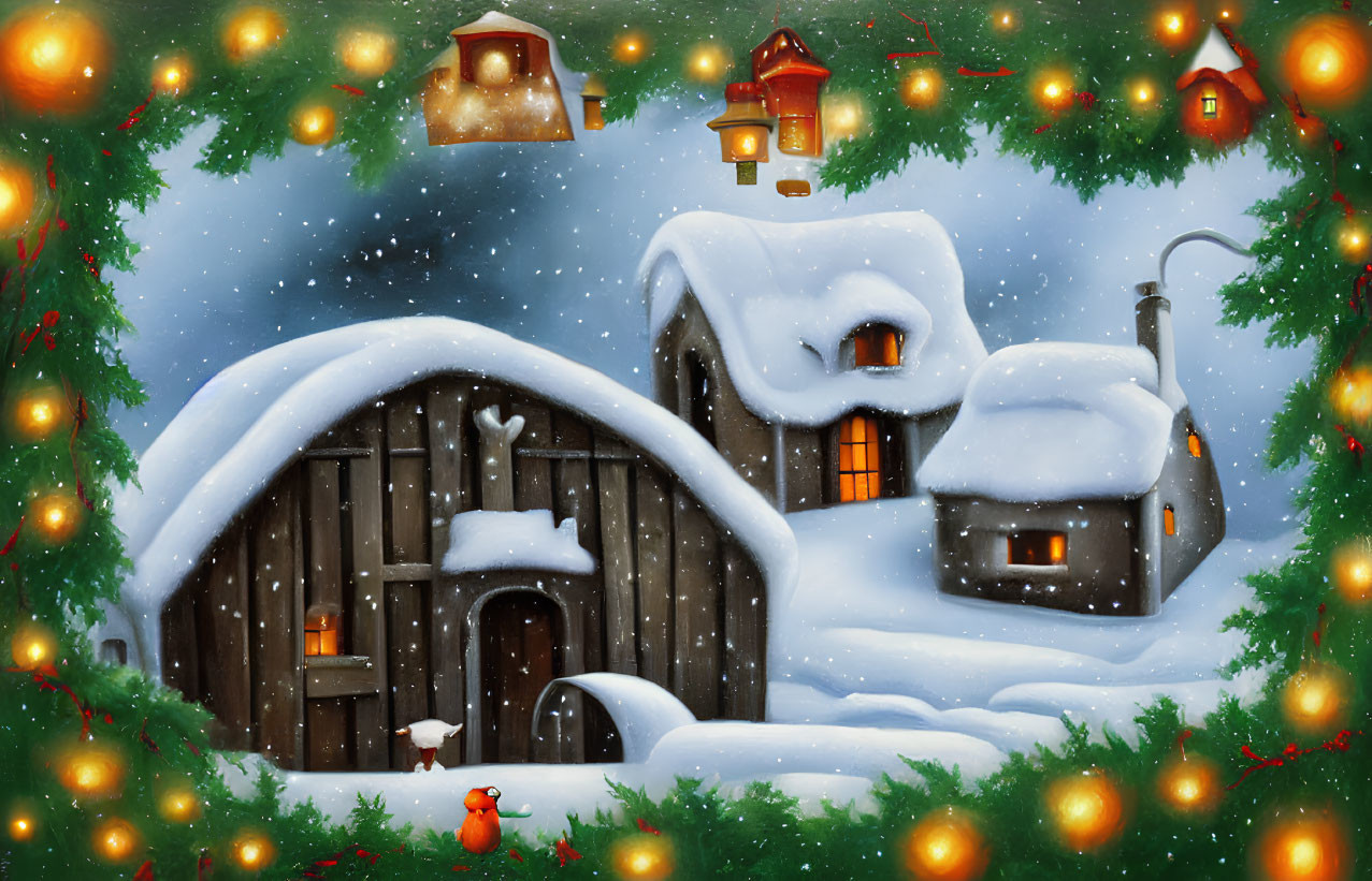 Snow-covered cottage with glowing windows and snowman in festive winter scene