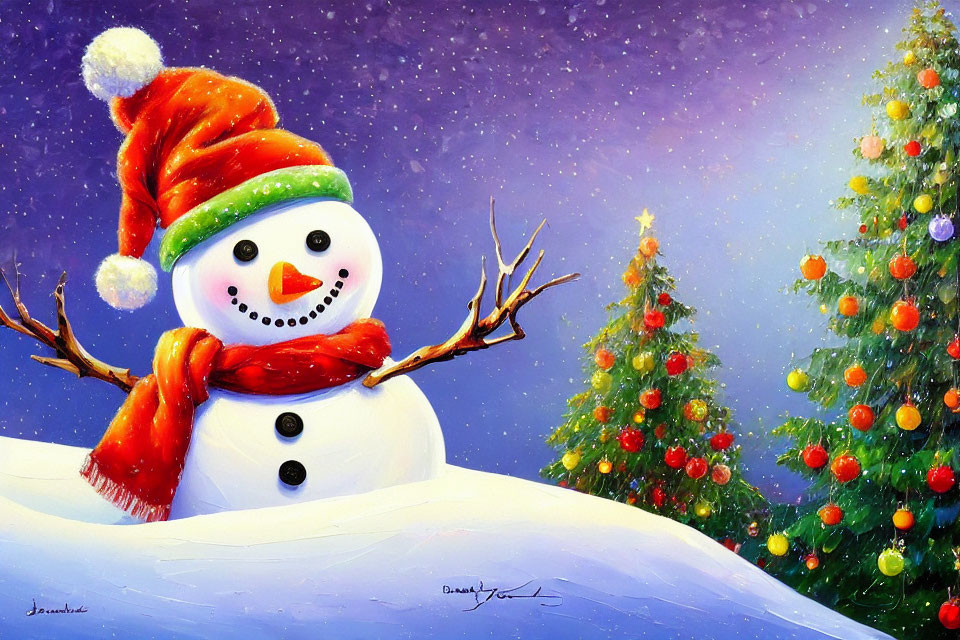 Cheerful snowman with red scarf and Santa hat in snowy Christmas scene
