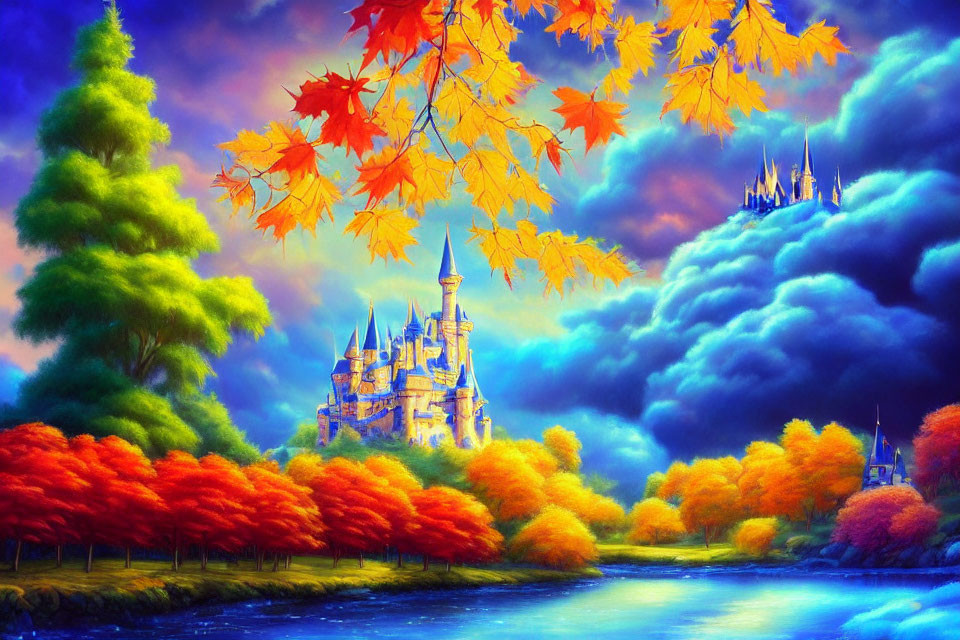 Enchanted castle in autumn landscape with dramatic sky and serene river