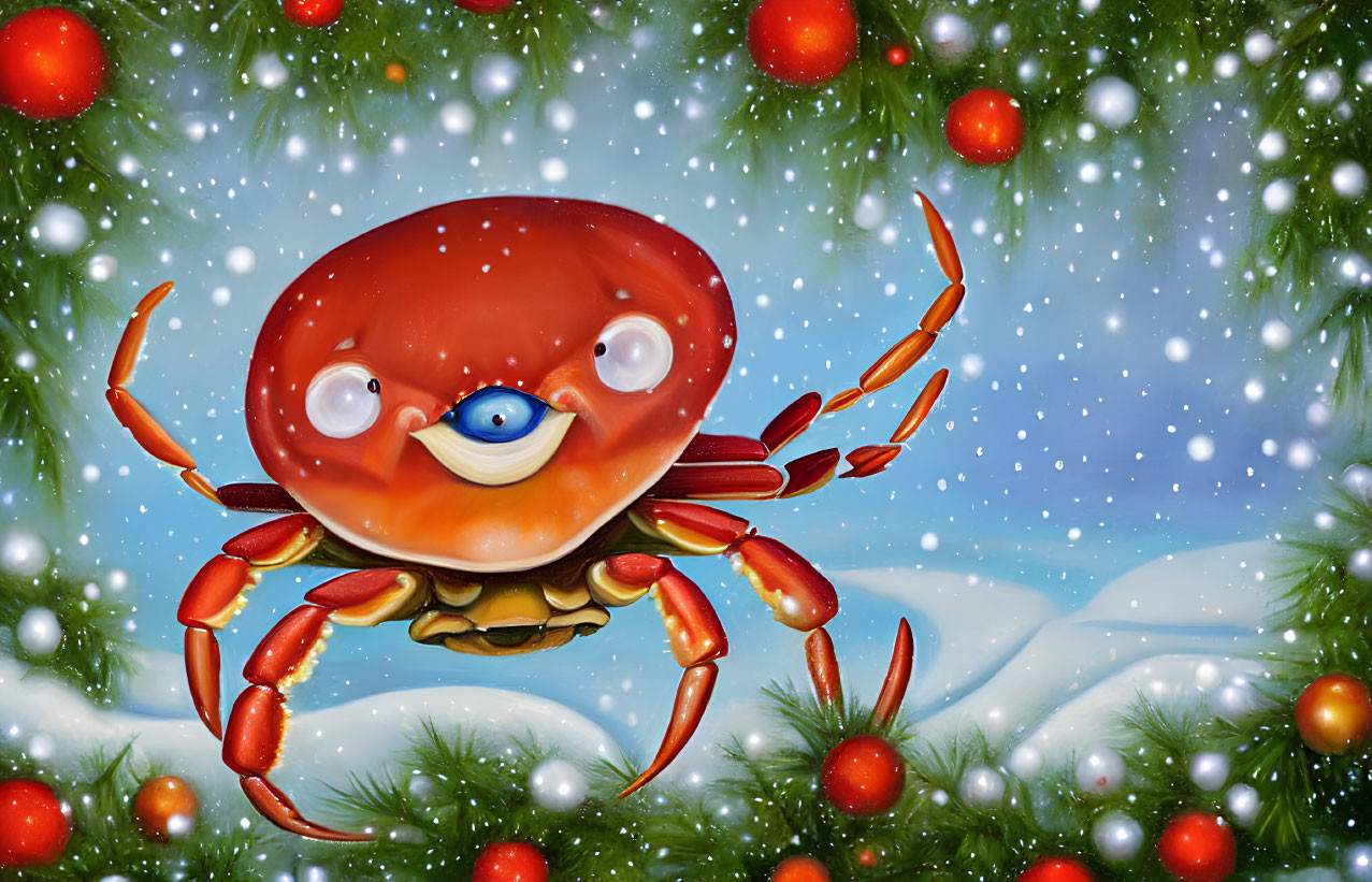 Illustration of red crab in snowy scene with fir branches and baubles