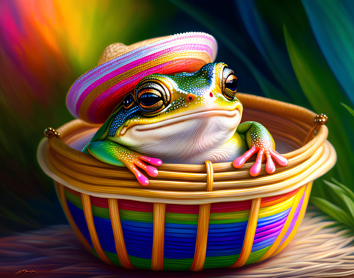 Colorful Frog in Striped Hat Sitting in Woven Basket amidst Tropical Foliage