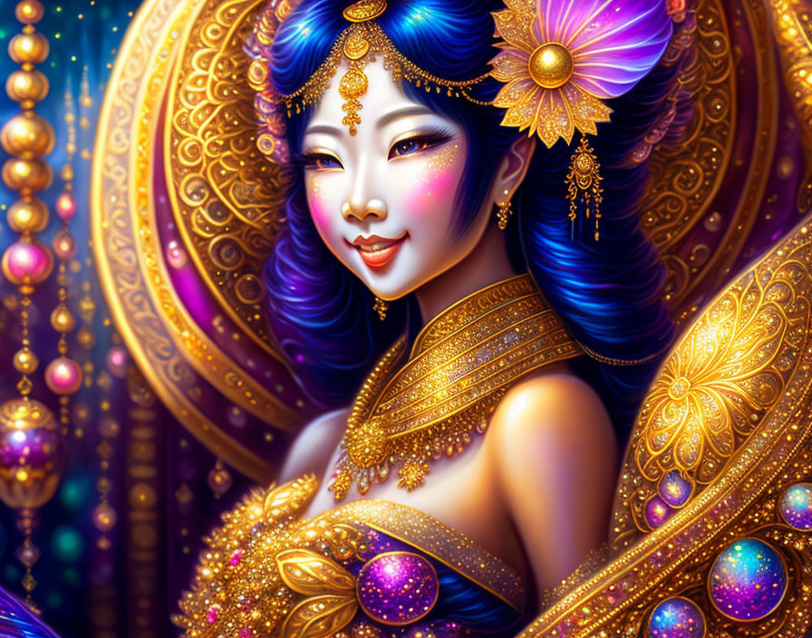 Vibrant illustration of Asian woman in ornate attire with celestial backdrop