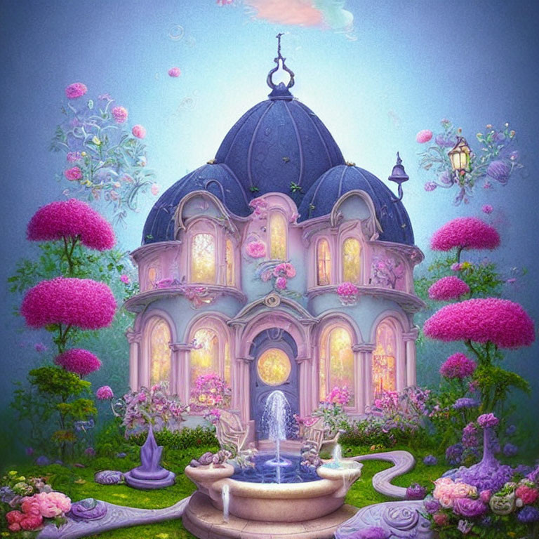 Enchanting fairy-tale castle with lush gardens at dusk