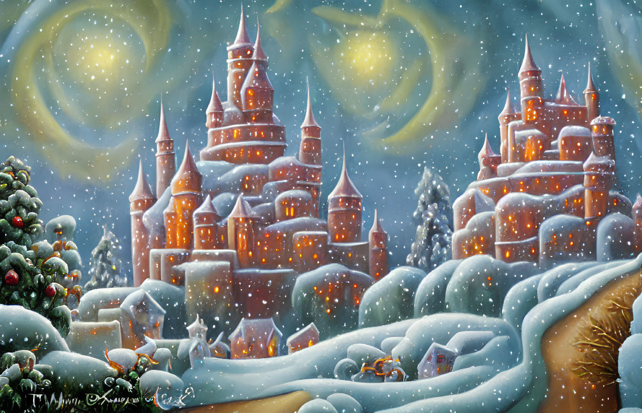 Snowy Winter Landscape with Illuminated Castles, Christmas Tree, and Snowflakes