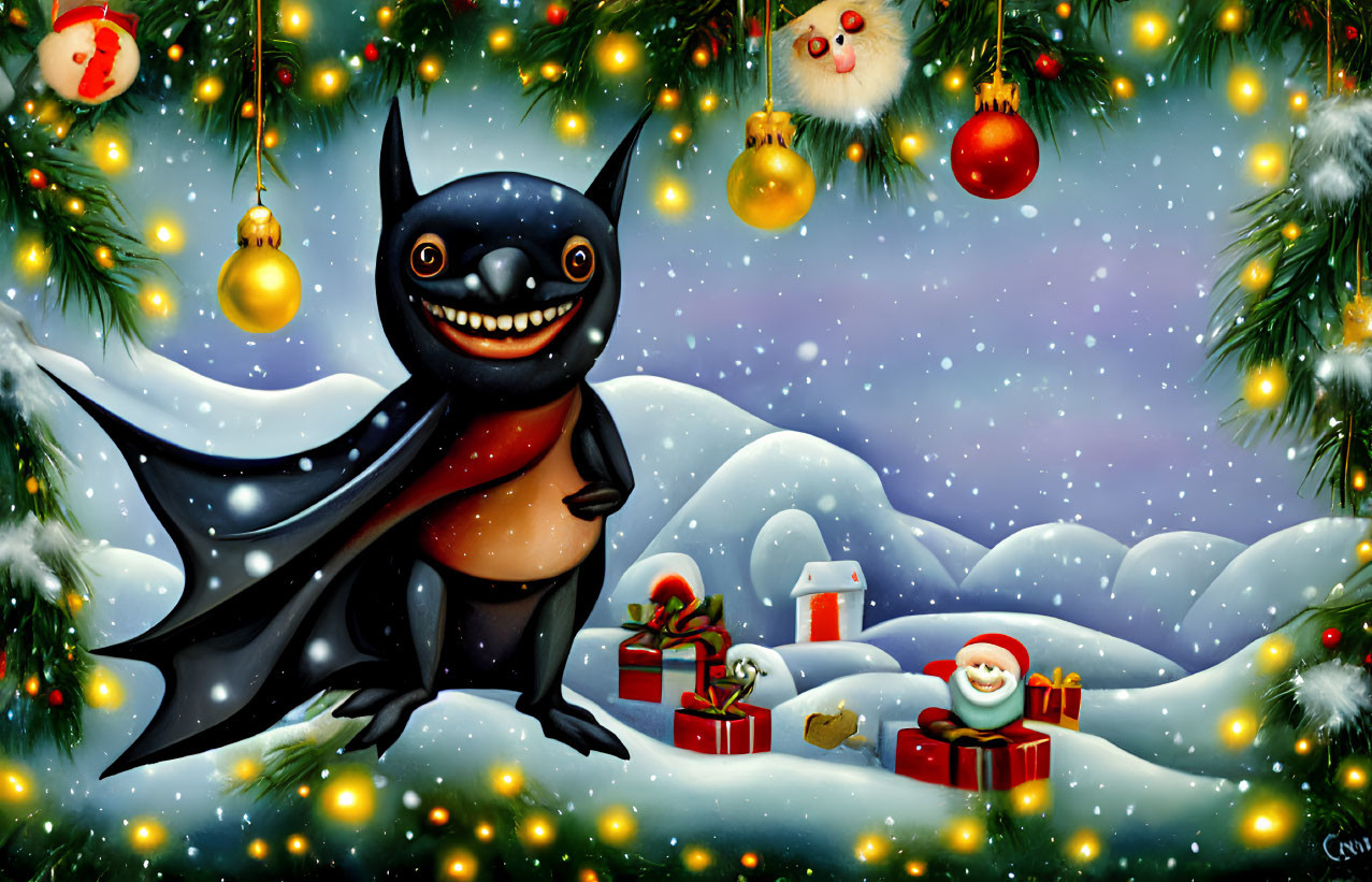 Cartoon bat in snowy Christmas scene with decorations and snowman