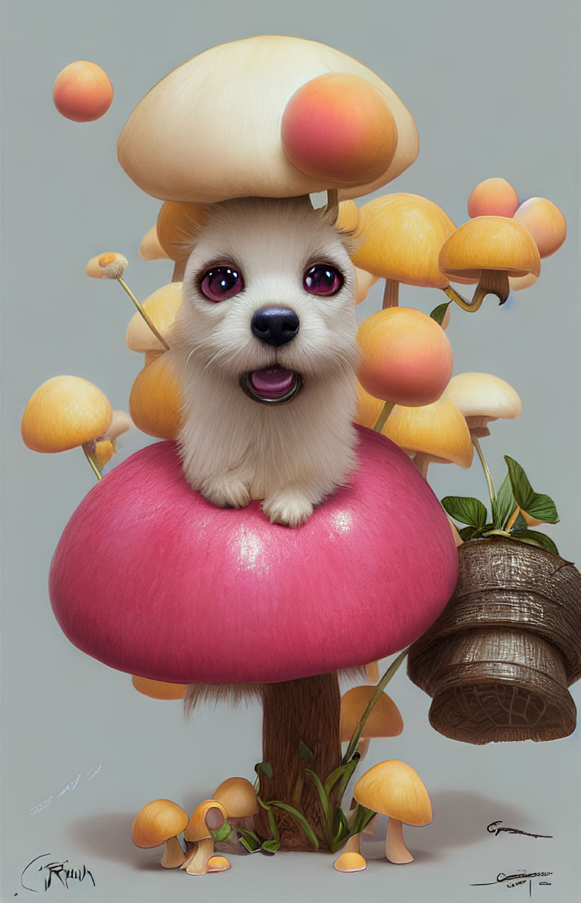 Colorful Fantasy Mushroom Environment with Happy Dog Illustration