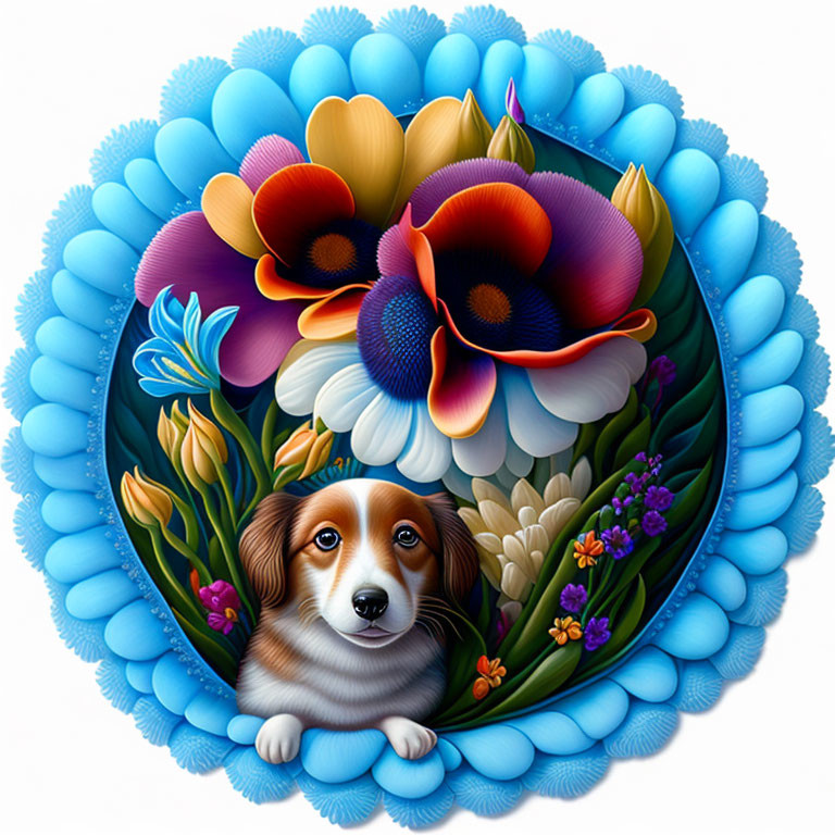 Brown and White Dog with Flowers in Scalloped Blue Border
