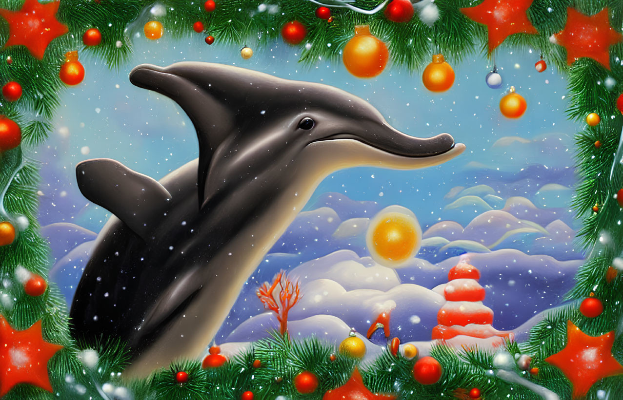 Dolphin jumping in winter holiday scene with snowflakes, snowman, and fir branches
