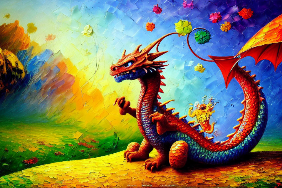Vibrant dragon and creature on yellow brick road illustration