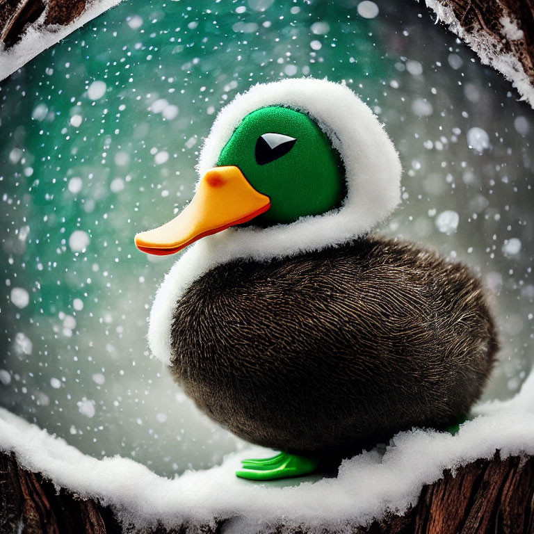 Plush Duck Toy with Green Headgear in Snowy Scene