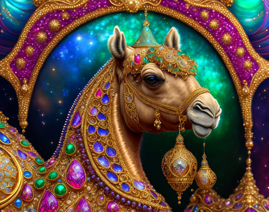 Decorated Camel with Jeweled Headdress and Cosmic Backdrop