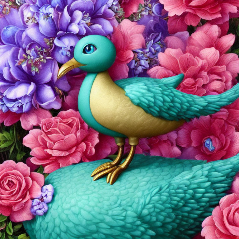 Colorful Stylized Bird Illustration Surrounded by Flowers